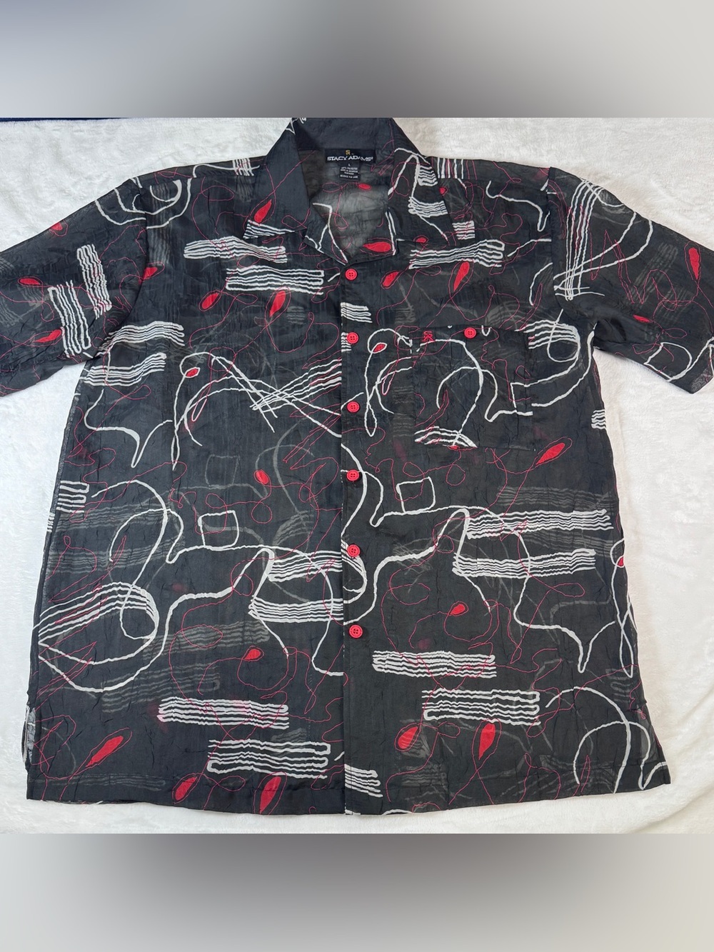 Stacy Adams Men’s L Black Red Sheer Abstract Print Button Up Shirt